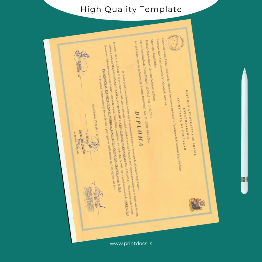 Printable Brazil Centro Estadual de Educação Profissional em Gestão e Tecnologia da Informação Technical Diploma Template Image Preview - PrintDocs