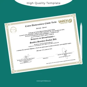 Printable Brazil Centro Universitário Cidade Verde Bachelor of Arts in Psychopedagogy Template Image Preview - PrintDocs