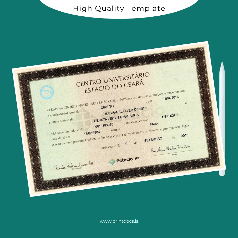 Printable Brazil Centro Universitário Estácio do Ceará Bachelor of Law Degree Certificate Image Preview - PrintDocs