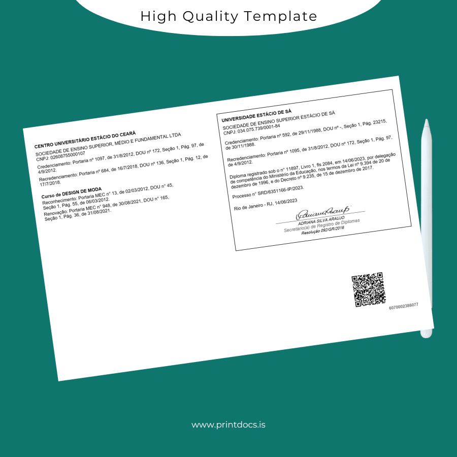 Printable Brazil Centro Universitário Estácio do Ceará Technologist in Fashion Design Diploma page 2 Image Preview - PrintDocs