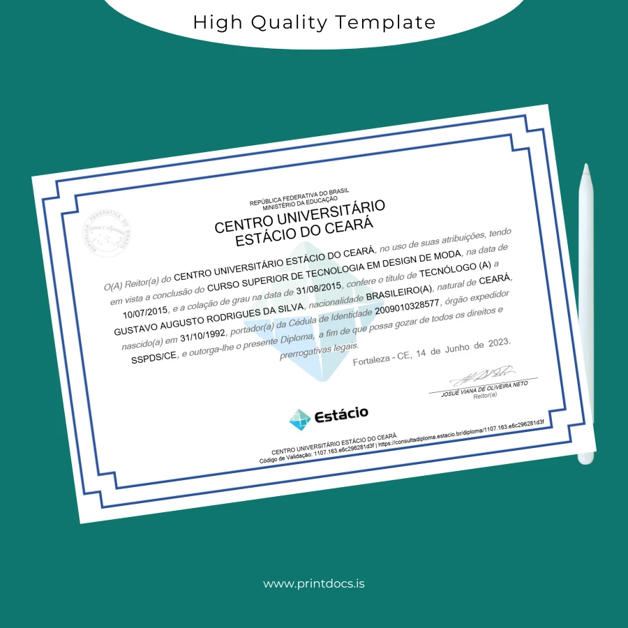 Printable Brazil Centro Universitário Estácio do Ceará Technologist in Fashion Design Diploma Image Preview - PrintDocs