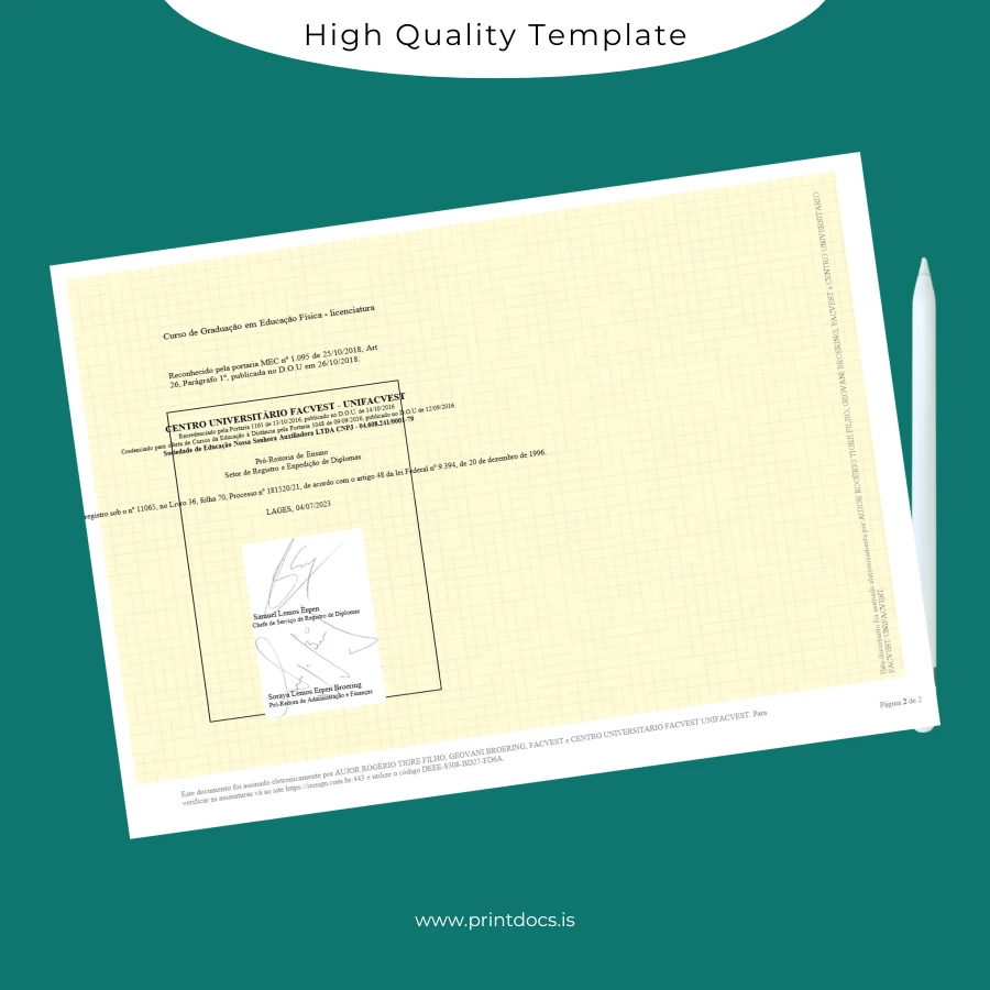 Printable Brazil Centro Universitário Facvest UNIFACVEST Bachelor of Physical Education Degree Certificate page 2 Image Preview - PrintDocs