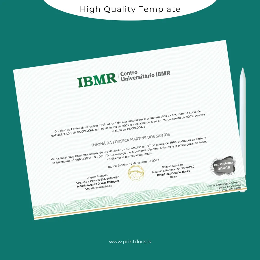 Printable Brazil Centro Universitário IBMR Bachelor of Psychology Degree Template Image Preview - PrintDocs