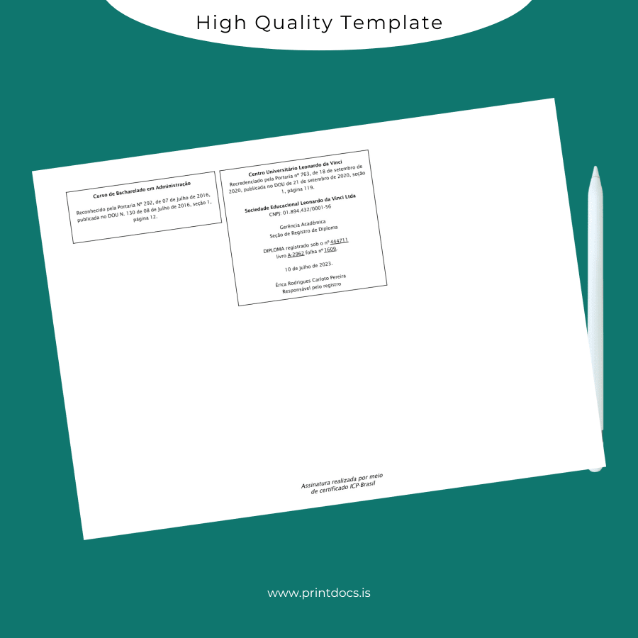 Printable Brazil Centro Universitário Leonardo da Vinci Bachelor of Science in Administration Template page 2 Image Preview - PrintDocs