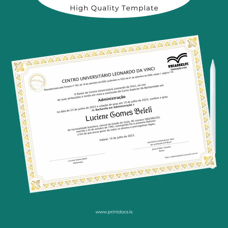 Printable Brazil Centro Universitário Leonardo da Vinci Bachelor of Science in Administration Template Image Preview - PrintDocs