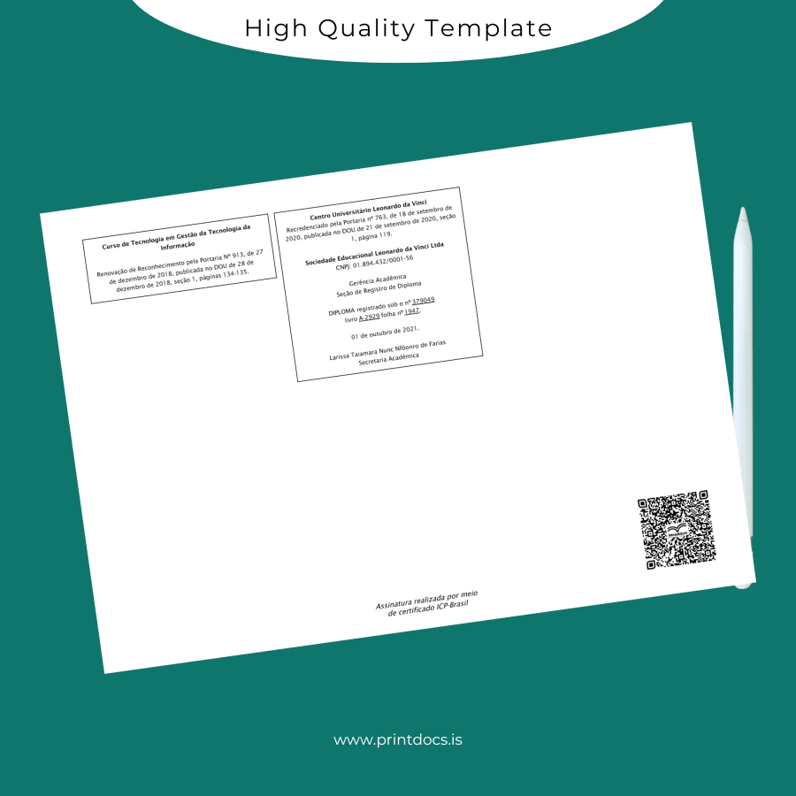 Printable Brazil Centro Universitário Leonardo da Vinci Technology Degree in Information Technology Diploma page 2 Image Preview - PrintDocs