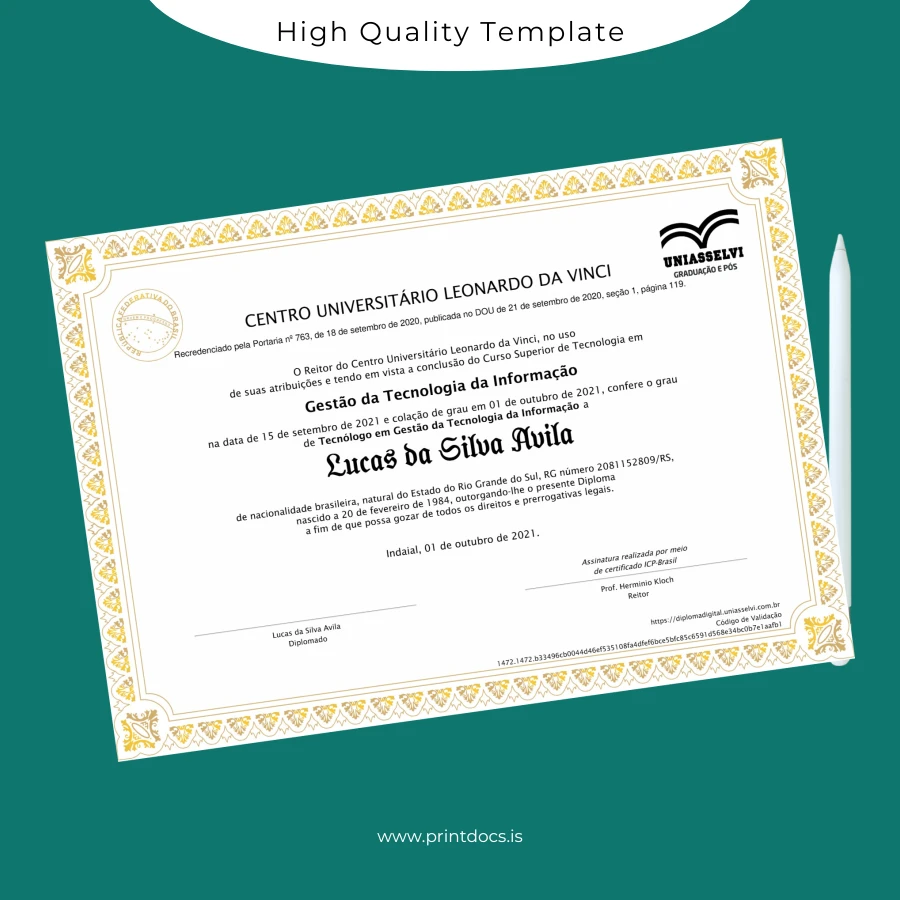 Printable Brazil Centro Universitário Leonardo da Vinci Technology Degree in Information Technology Diploma Image Preview - PrintDocs