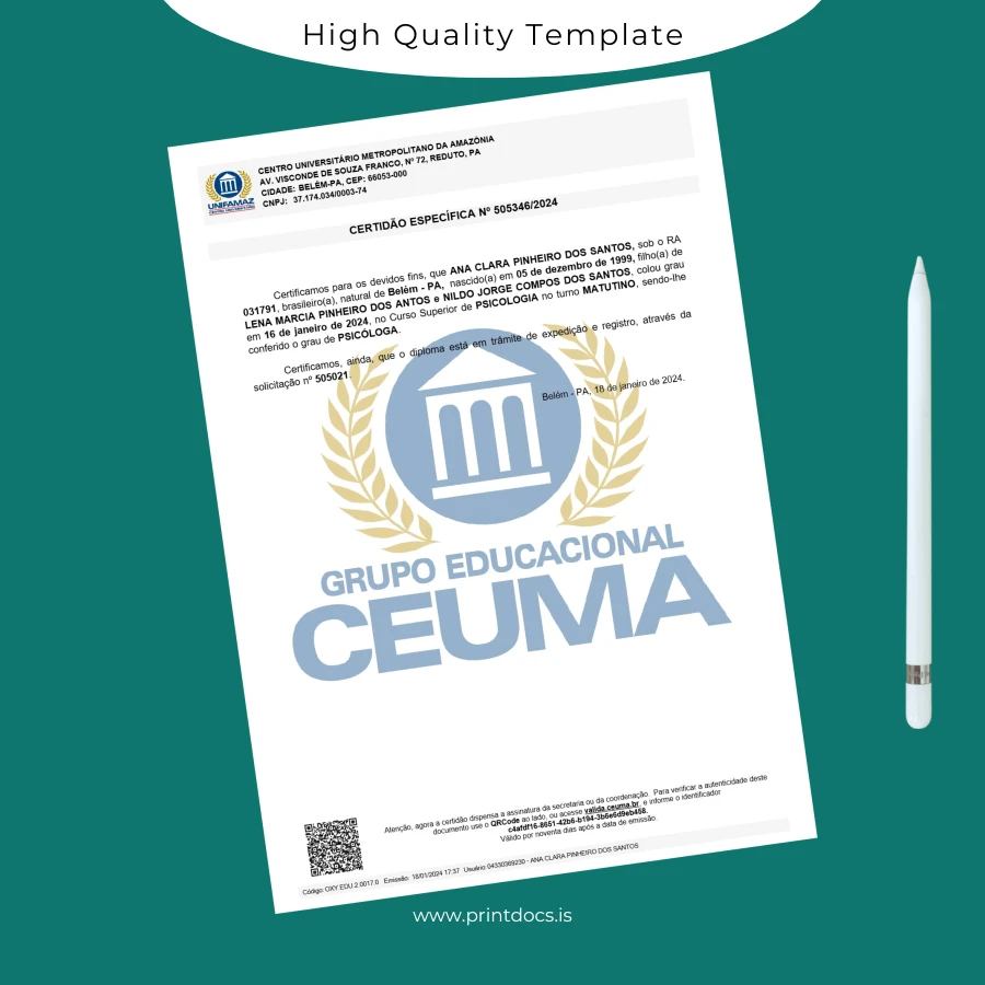 Printable Brazil Centro Universitário Metropolitano da Amazônia Bachelor of Psychology Template Image Preview - PrintDocs