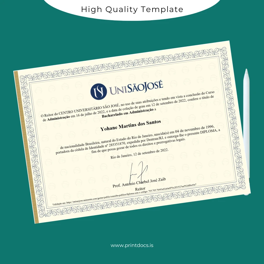 Printable Brazil Centro Universitário São José Bachelor of Administration Template Image Preview - PrintDocs