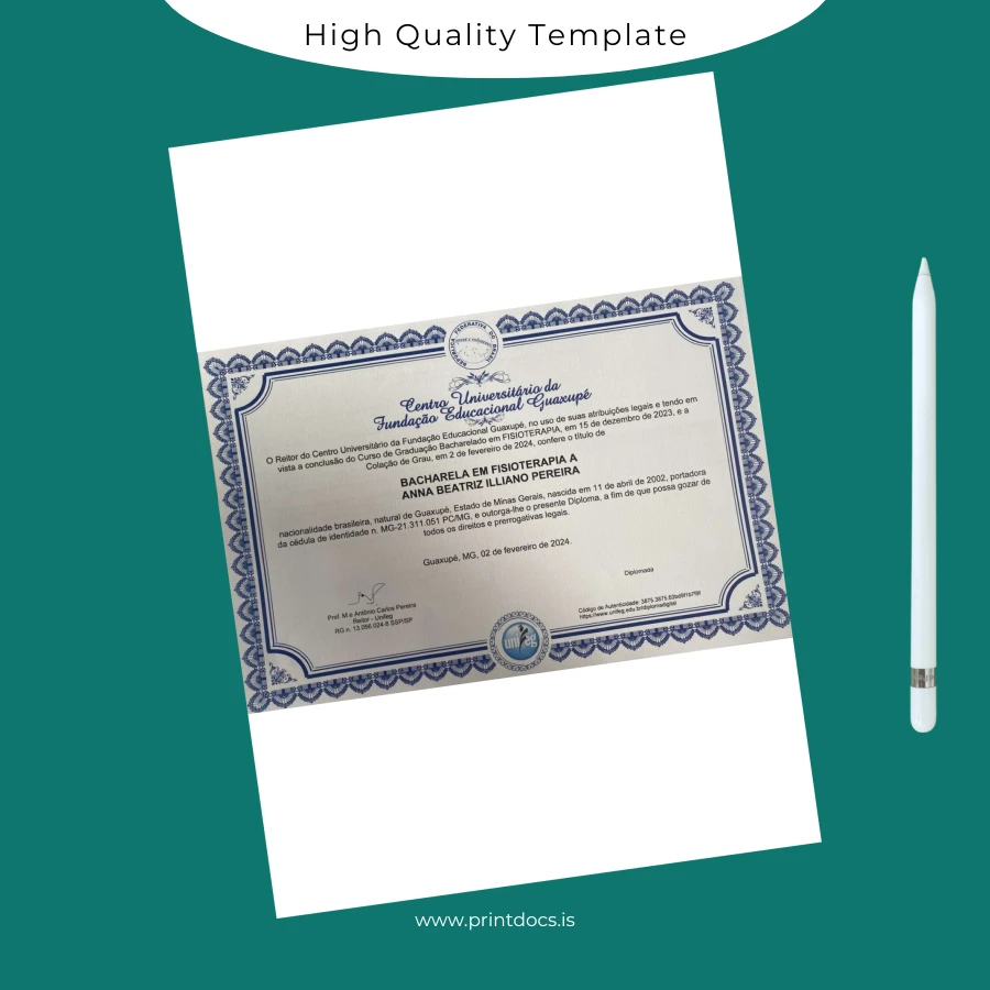Printable Brazil Centro Universitário da Fundação Educacional Guaxupé Bachelor of Physiotherapy Template Image Preview - PrintDocs