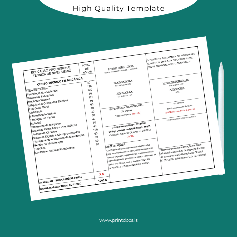 Printable Brazil Centro de Qualificação Técnica Technical High School Diploma in Mechanics page 2 Image Preview - PrintDocs