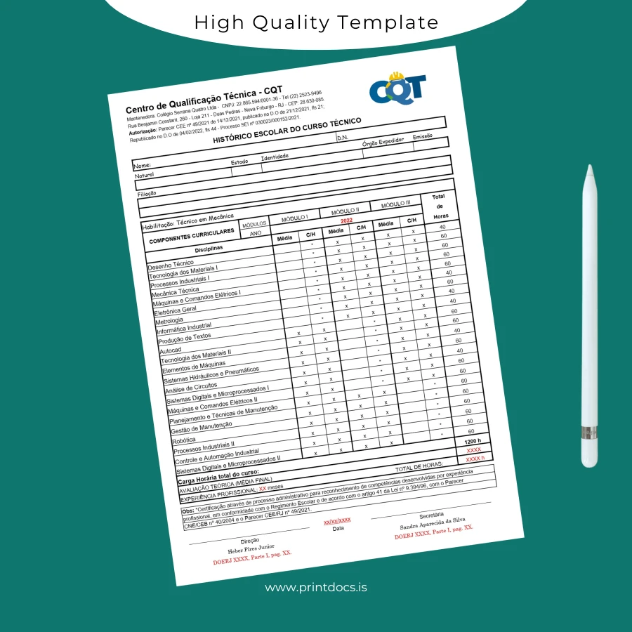 Printable Brazil Centro de Qualificação Técnica Technical High School Diploma in Mechanics page 3 Image Preview - PrintDocs