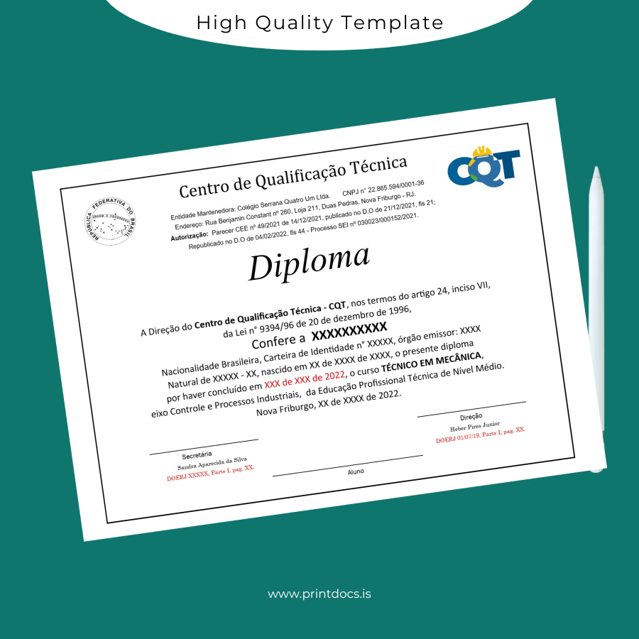 Printable Brazil Centro de Qualificação Técnica Technical High School Diploma in Mechanics Image Preview - PrintDocs