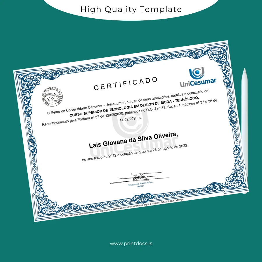 Printable Brazil Cesumar University Technologist Diploma in Fashion Design Image Preview - PrintDocs