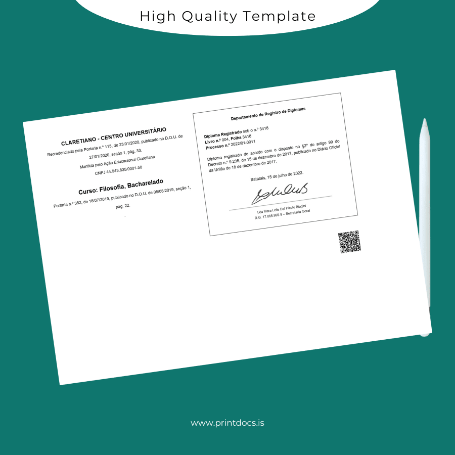 Printable Brazil Claretiano University Bachelor of Philosophy Degree Template page 2 Image Preview - PrintDocs