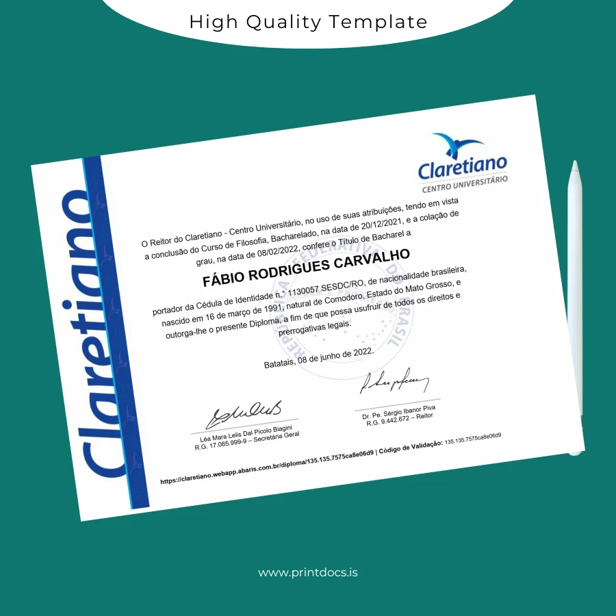 Printable Brazil Claretiano University Bachelor of Philosophy Degree Template Image Preview - PrintDocs