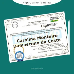 Printable Brazil Colégio Futuro VIP High School Diploma Template Image Preview - PrintDocs