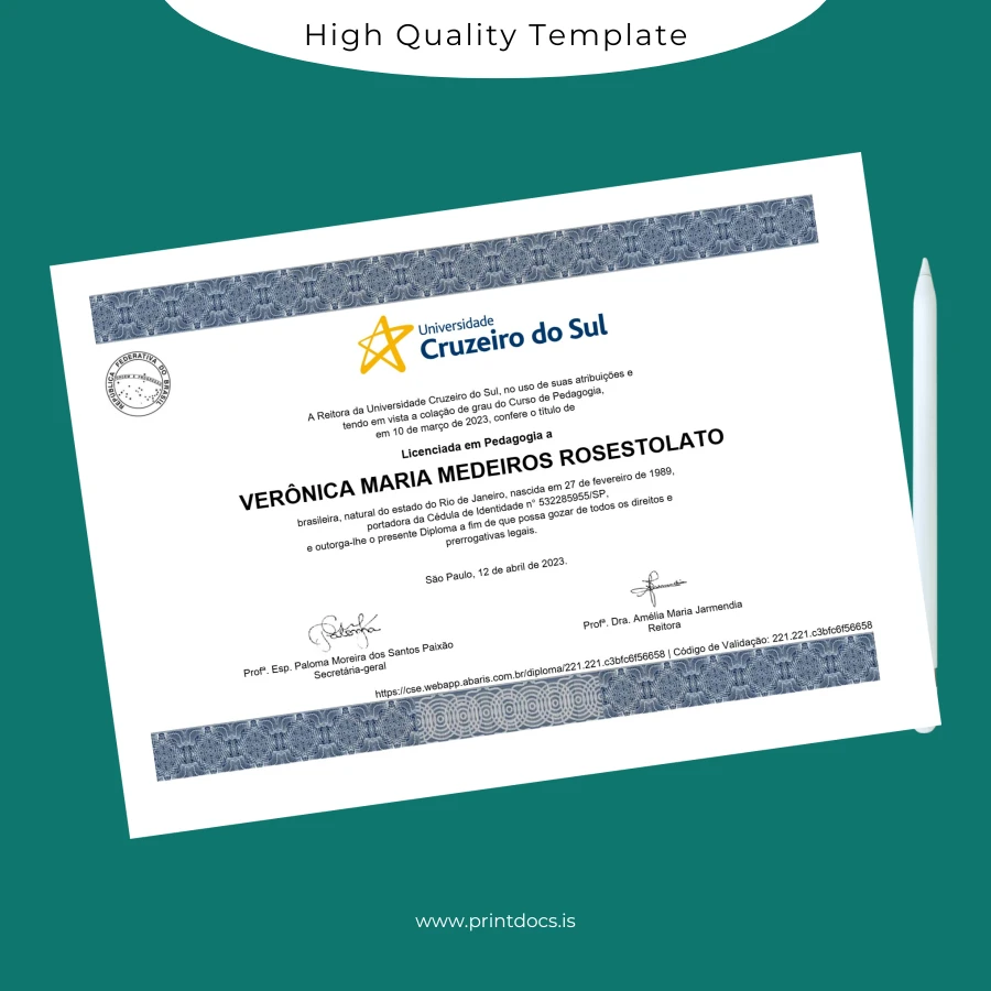 Printable Brazil Cruzeiro do Sul University Bachelor of Education Template Image Preview - PrintDocs