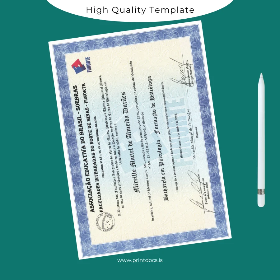 Printable Brazil Educational Association Integrated Colleges Bachelor's in Psychology Template Image Preview - PrintDocs