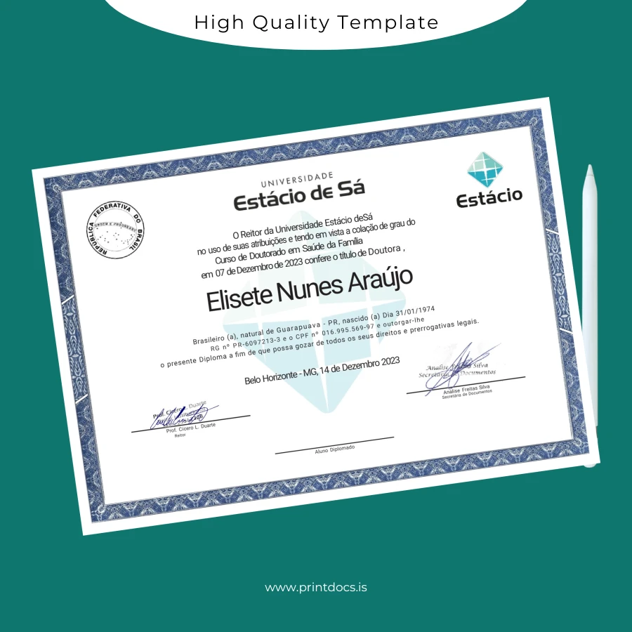 Printable Brazil Estácio University Doctorate in Family Health Template Image Preview - PrintDocs
