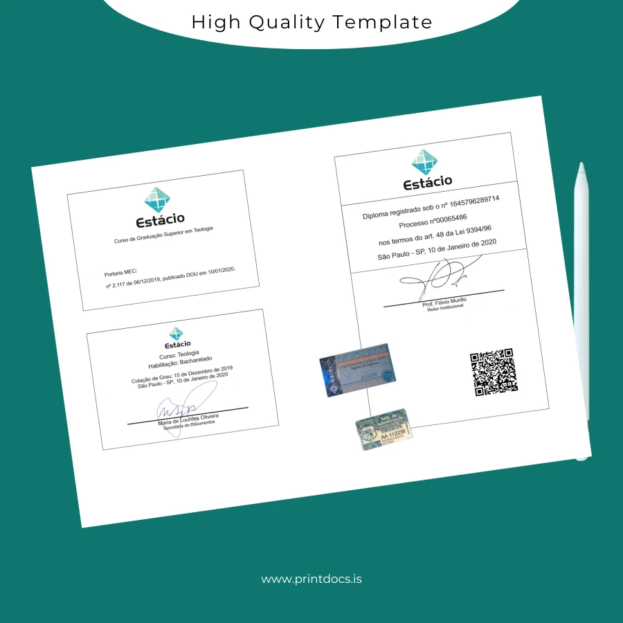 Printable Brazil Estácio de Sá University Bachelor of Theology Template page 2 Image Preview - PrintDocs