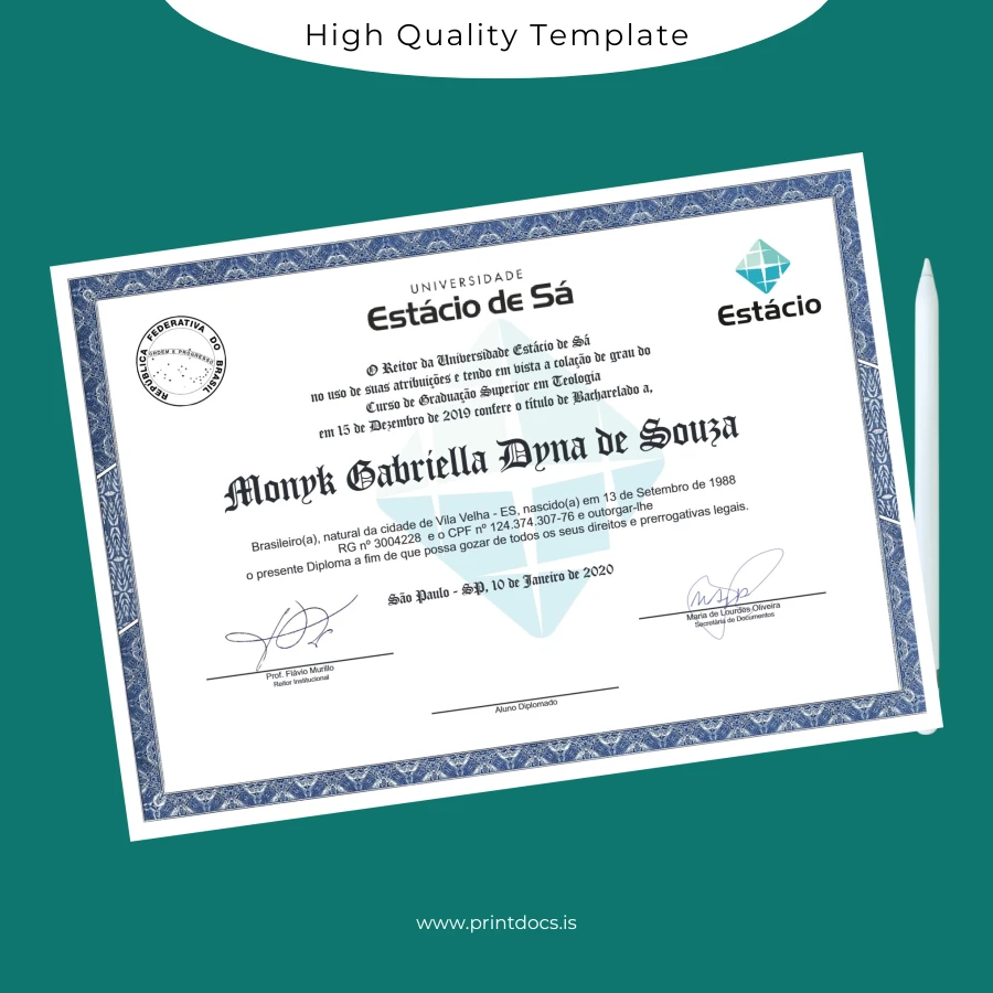 Printable Brazil Estácio de Sá University Bachelor of Theology Template Image Preview - PrintDocs