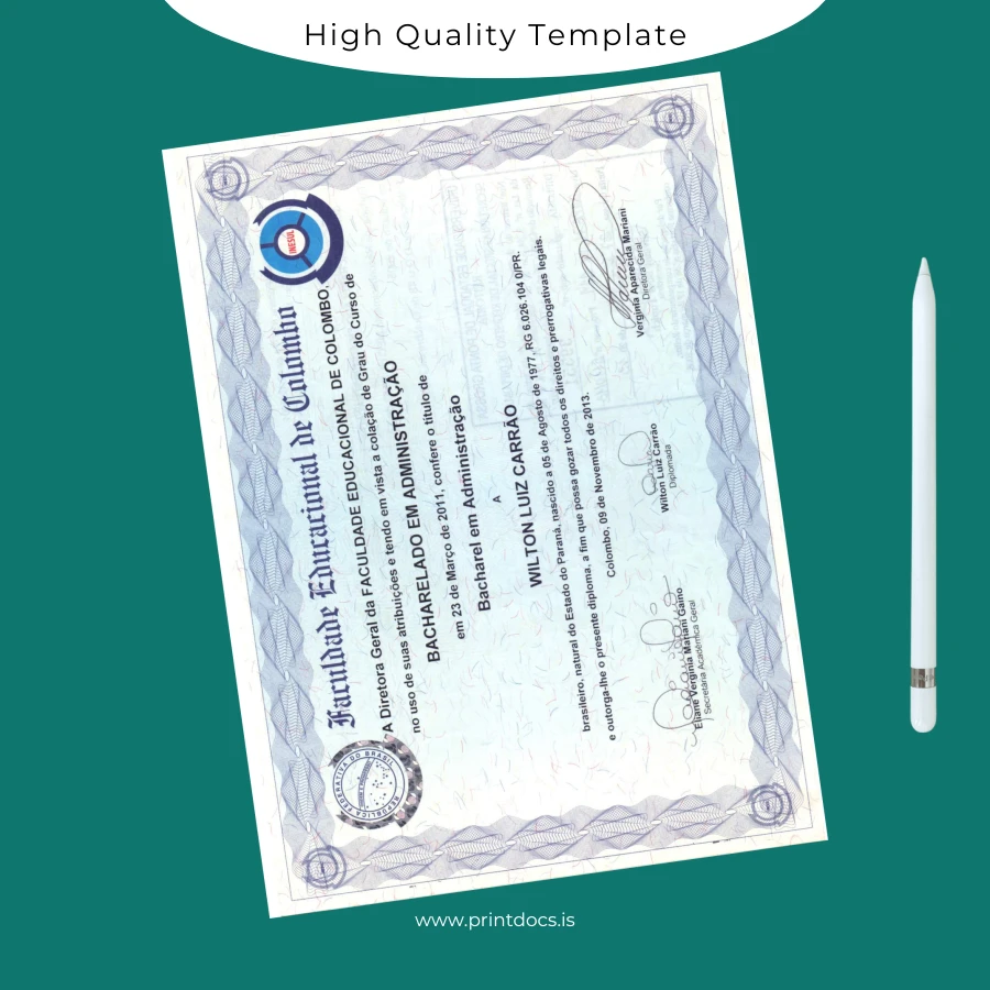 Printable Brazil Faculdade Educacional de Colombo Bachelor in Administration Template Image Preview - PrintDocs