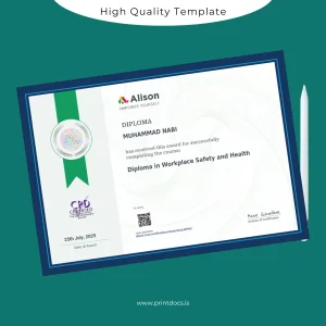 Printable Ireland Alison Diploma in Workplace Safety and Health Template Image Preview - PrintDocs