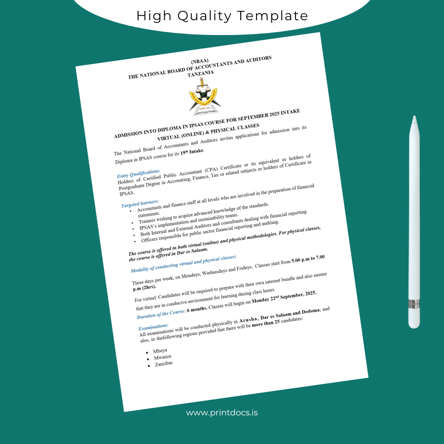 Printable Tanzania National Board of Accountants and Auditors Diploma in IPSAS Image Preview - PrintDocs