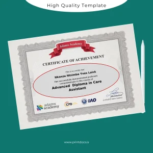 Printable UK Adams Academy Advanced Diploma in Care Assistant Image Preview - PrintDocs