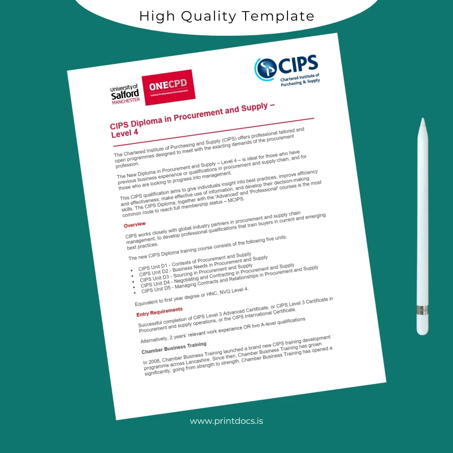 Printable UK Chamber Business Training Diploma in Procurement and Supply Level 4 Template Image Preview - PrintDocs