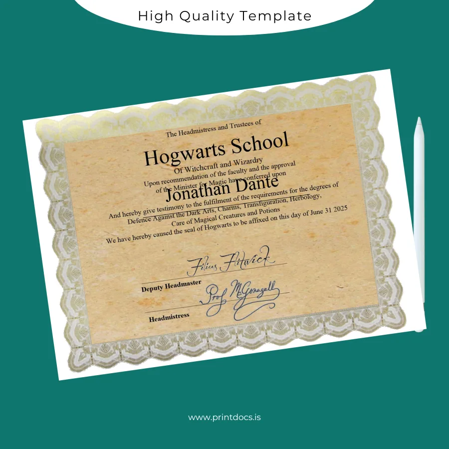 Printable UK Hogwarts School Diploma in Witchcraft and Wizardry Image Preview - PrintDocs