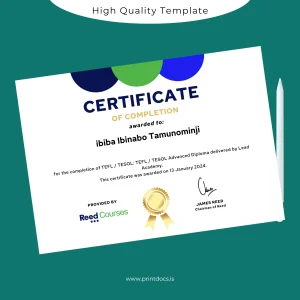 Printable UK Lead Academy TEFL TESOL Advanced Diploma Certificate Image Preview - PrintDocs