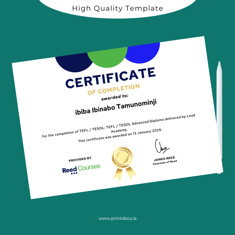 Printable UK Lead Academy TEFL TESOL Advanced Diploma Certificate Image Preview - PrintDocs