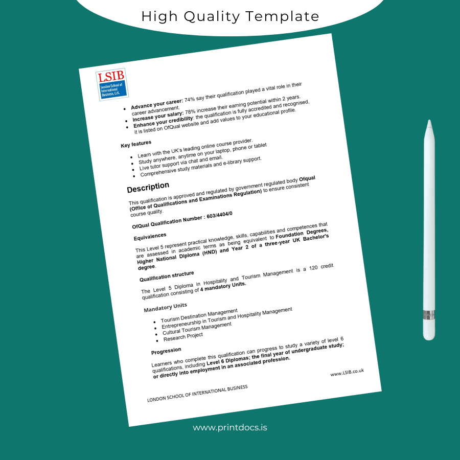 Printable UK London School of International Business Level 5 Diploma in Hospitality and Tourism Management page 2 Image Preview - PrintDocs