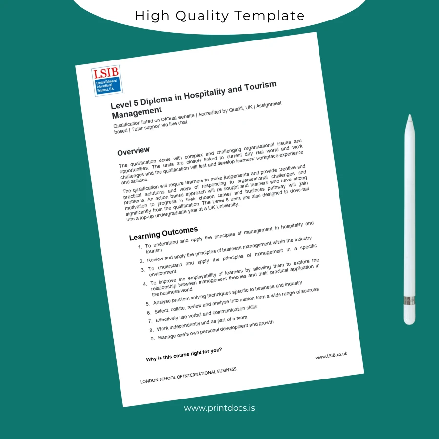 Printable UK London School of International Business Level 5 Diploma in Hospitality and Tourism Management Image Preview - PrintDocs