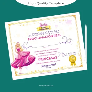 Printable USA Barbie Princess School Official Diploma Template Image Preview - PrintDocs
