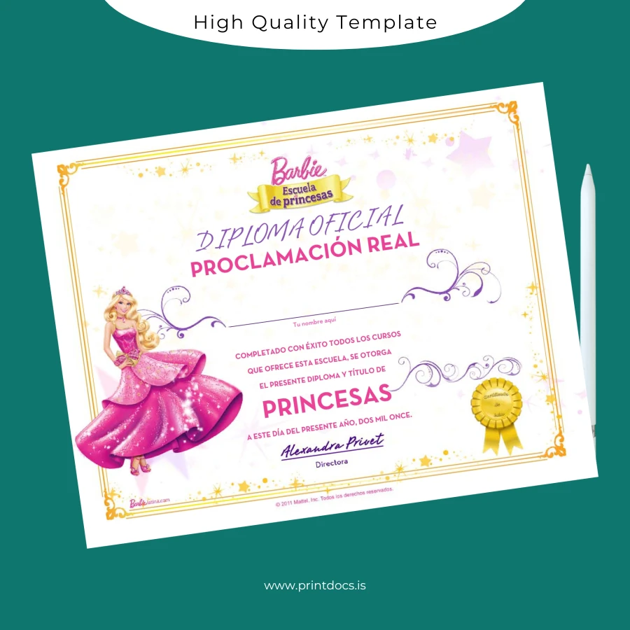 Printable USA Barbie Princess School Official Diploma Template Image Preview - PrintDocs
