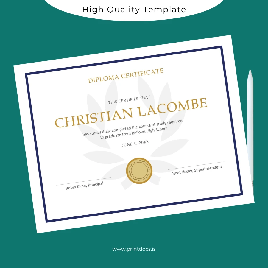 Printable USA Bellows High School High School Diploma Template Image Preview - PrintDocs