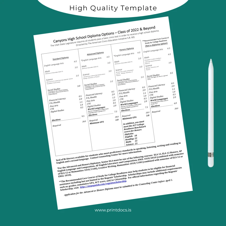 Printable USA Canyons High School High School Diploma Template Image Preview - PrintDocs