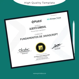 Printable USA Platzi Fundamentals of JavaScript Certificate Image Preview - PrintDocs