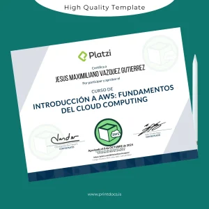Printable USA Platzi Introduction to AWS Cloud Computing Certificate Image Preview - PrintDocs