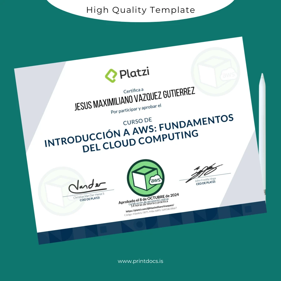 Printable USA Platzi Introduction to AWS Cloud Computing Certificate Image Preview - PrintDocs