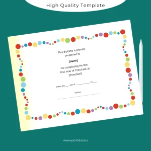 Printable USA Preschool First Year Diploma Template Image Preview - PrintDocs