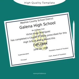 Printable USA Washoe County School District Galena High School High School Diploma Image Preview - PrintDocs