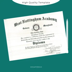 Printable USA West Nottingham Academy High School Diploma Template Image Preview - PrintDocs