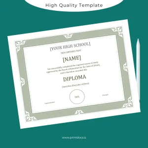 Printable USA Your High School High School Diploma Template Image Preview - PrintDocs