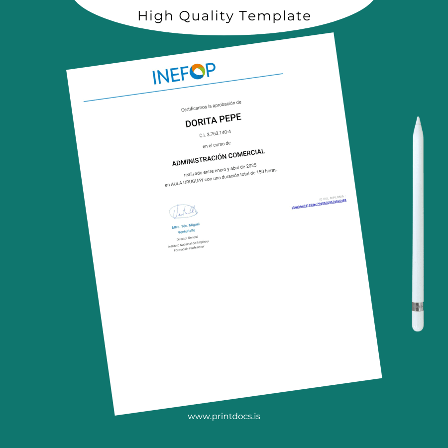 Printable Uruguay Instituto Nacional de Empleo y Formación Profesional Diploma in Commercial Administration Template Image Preview - PrintDocs