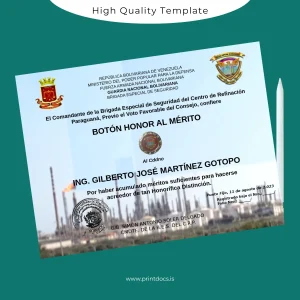 Printable Venezuela Brigada Especial de Seguridad Honor Medal Certificate Image Preview - PrintDocs