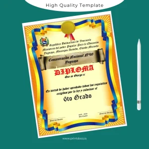 Printable Venezuela Concentración Nacional N°68 6th Grade Diploma Image Preview - PrintDocs